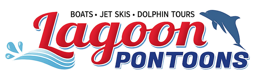 Lagoon Pontoons logo with dolphin silhouette and water splash.