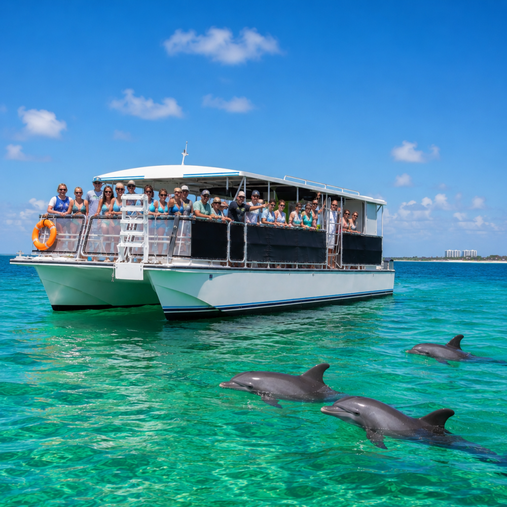 Boat with people watching dolphins swim in clear blue water.