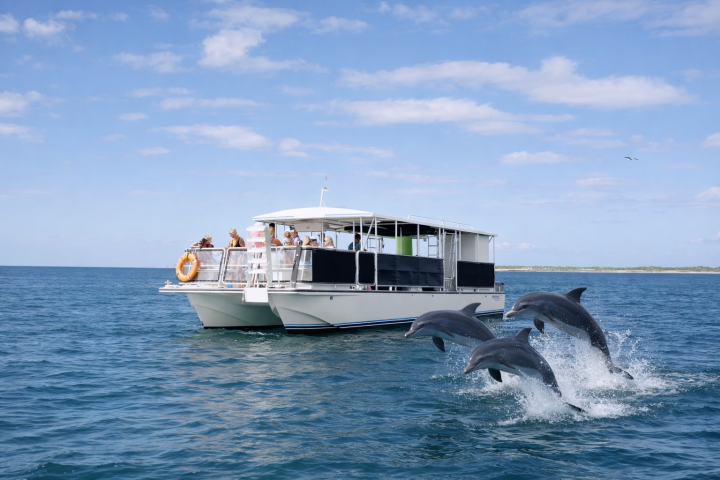 Three dolphins leaping near a boat on a sunny day.