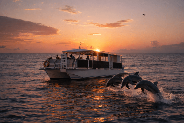Boat on the ocean at sunset with dolphins leaping beside it.