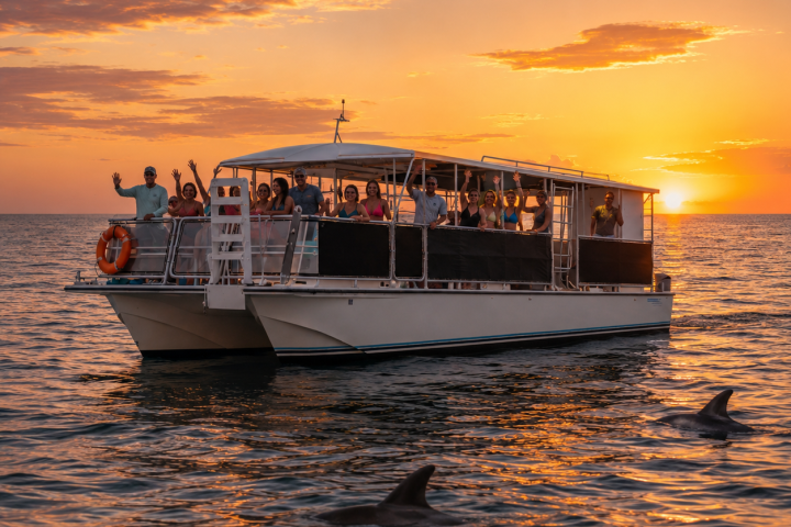 Boat with people at sunset, dolphins swimming nearby.