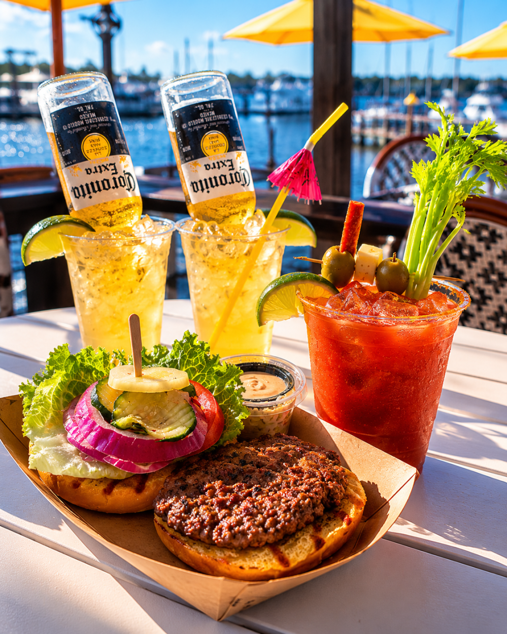 Burger with garnishes, two beer cocktails, and a Bloody Mary on a sunny outdoor table.
